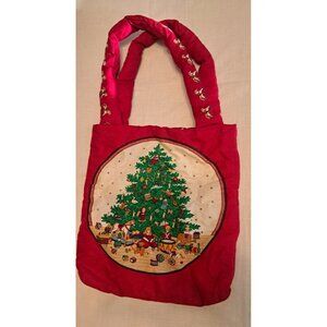 Vintage Cloth Christmas Tree Holiday Tote Bag Carry All 11" x 13" Red Green
